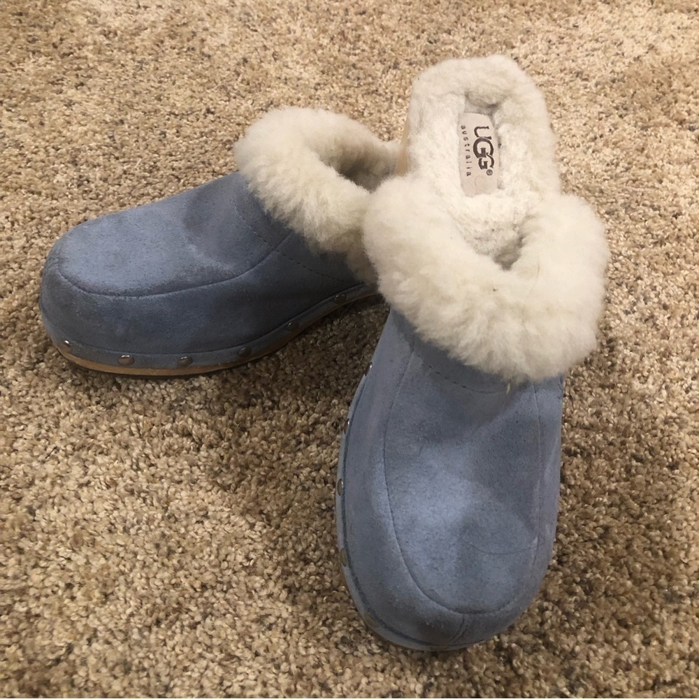 UGG Y2K 9 KAYLEE BABY BLUE SUEDE *BOHO* SHEEPSKIN WOODEN SHEARLING CLOGS / S 7